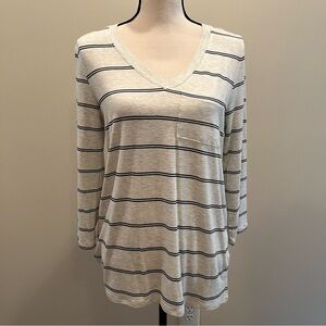 Market & Spruce 3/4 Length Black Striped V-Neck Top